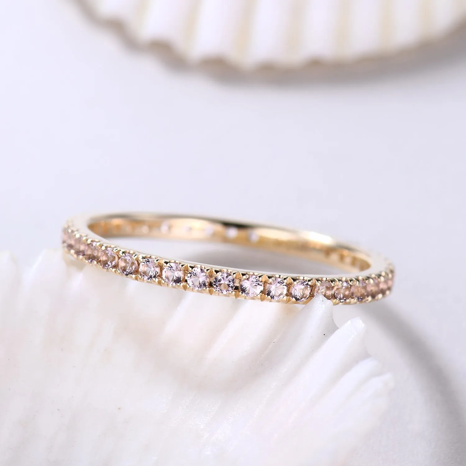 Petite Morganite Wedding Band Micro Pave 14k Yellow Gold Eternity Ring