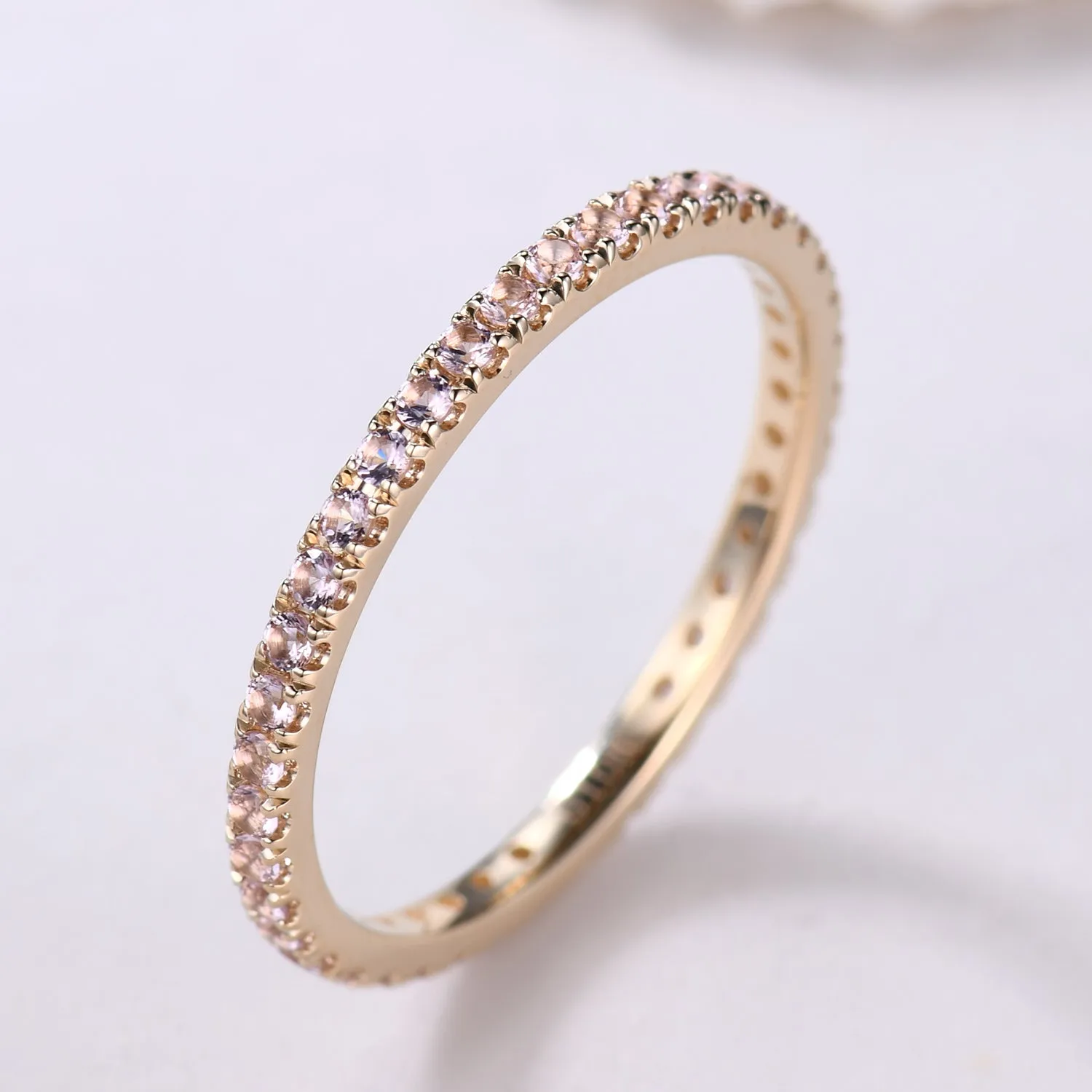 Petite Morganite Wedding Band Micro Pave 14k Yellow Gold Eternity Ring