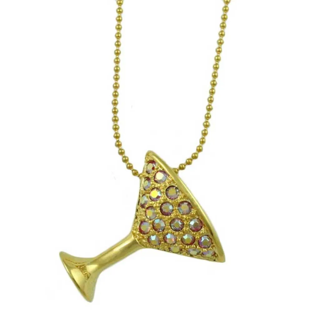 Pink AB Crystals Martini Glass Pendant on Gold Chain - PT402A