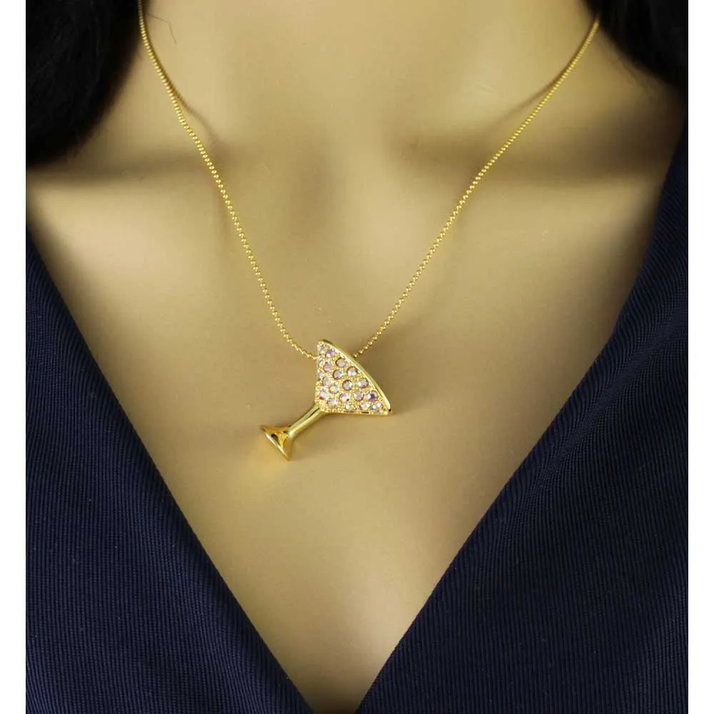 Pink AB Crystals Martini Glass Pendant on Gold Chain - PT402A
