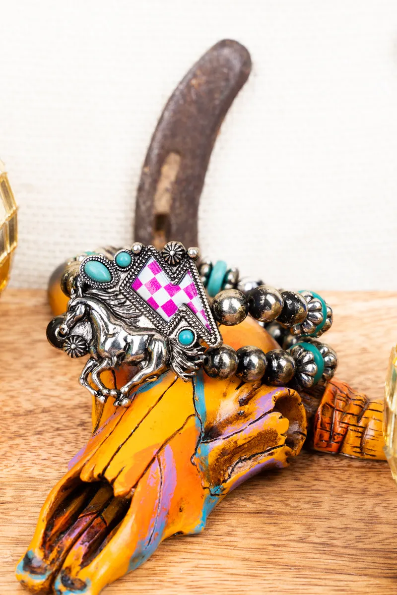 Pink Reno Rodeo Silvertone Beaded Bracelet