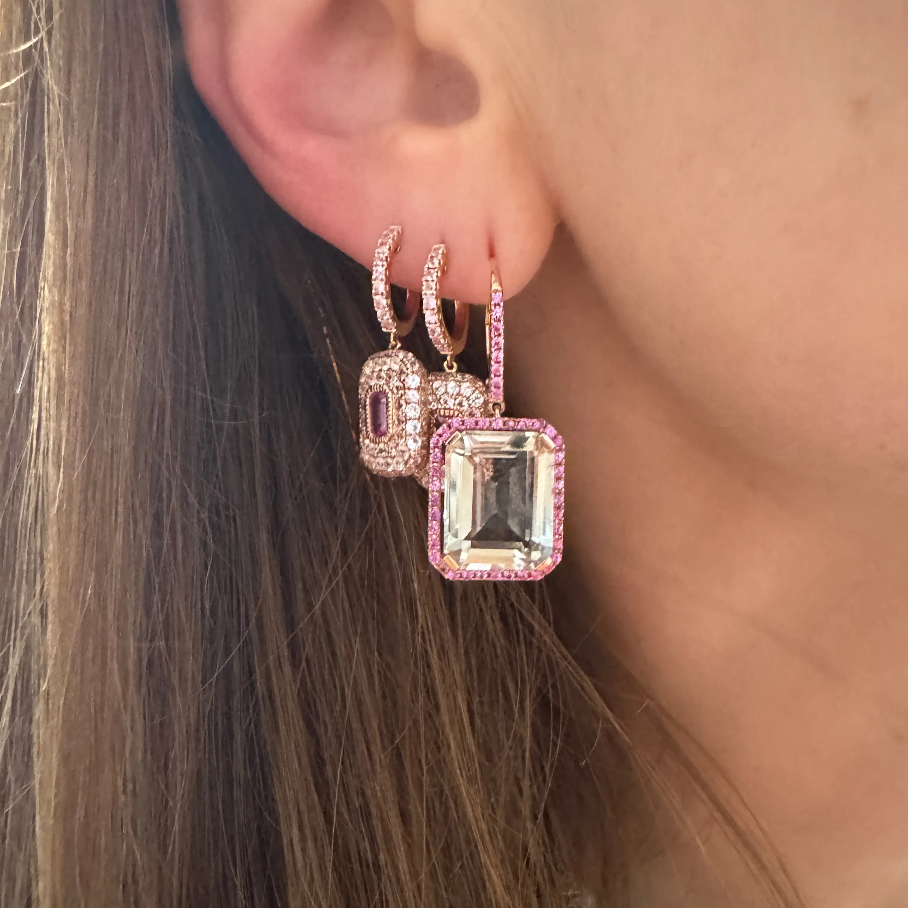 Pink Sapphire & White Topaz Portrait Gemstone Drop Earrings