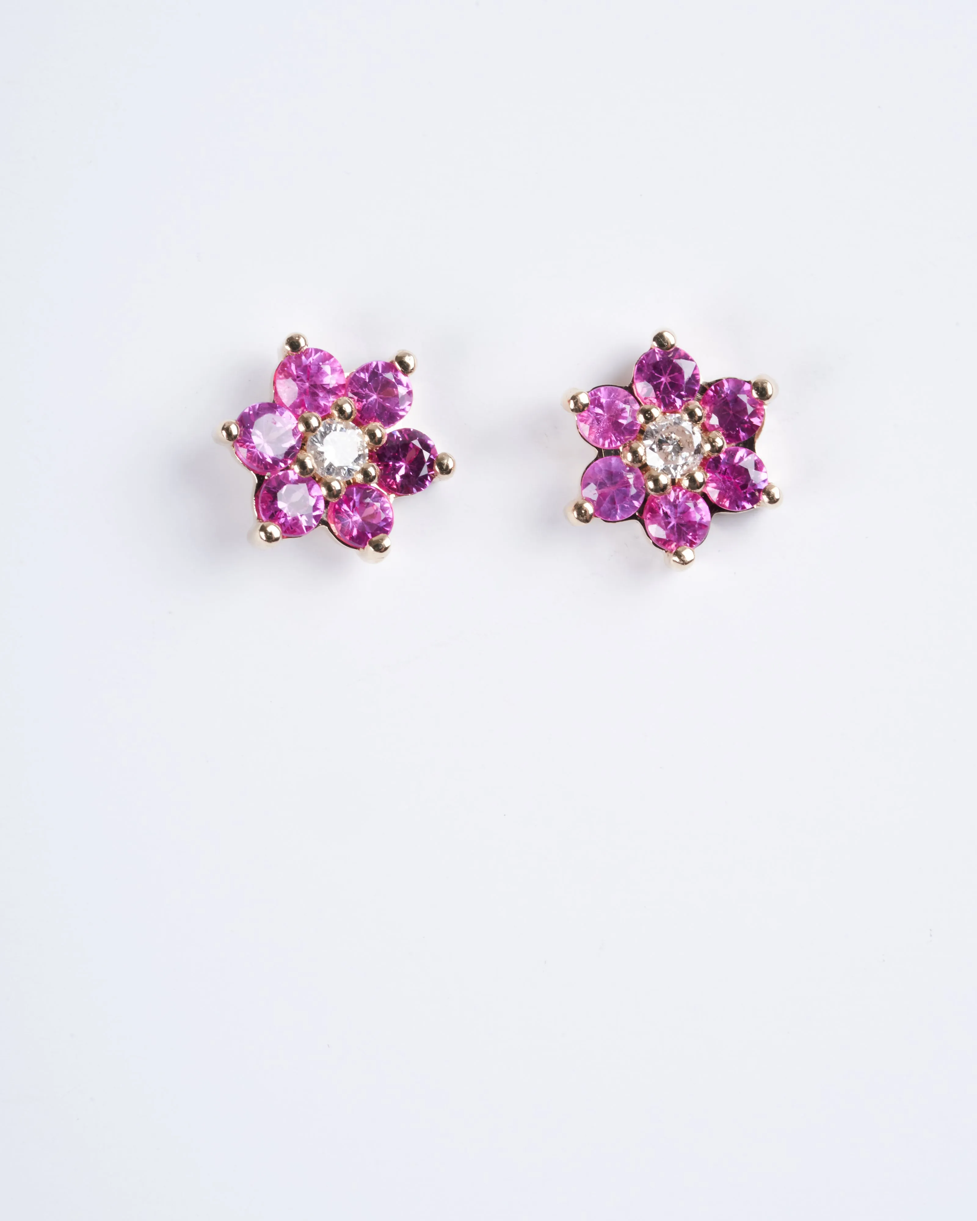 pink sapphire and diamond cluster stud earrings - gold