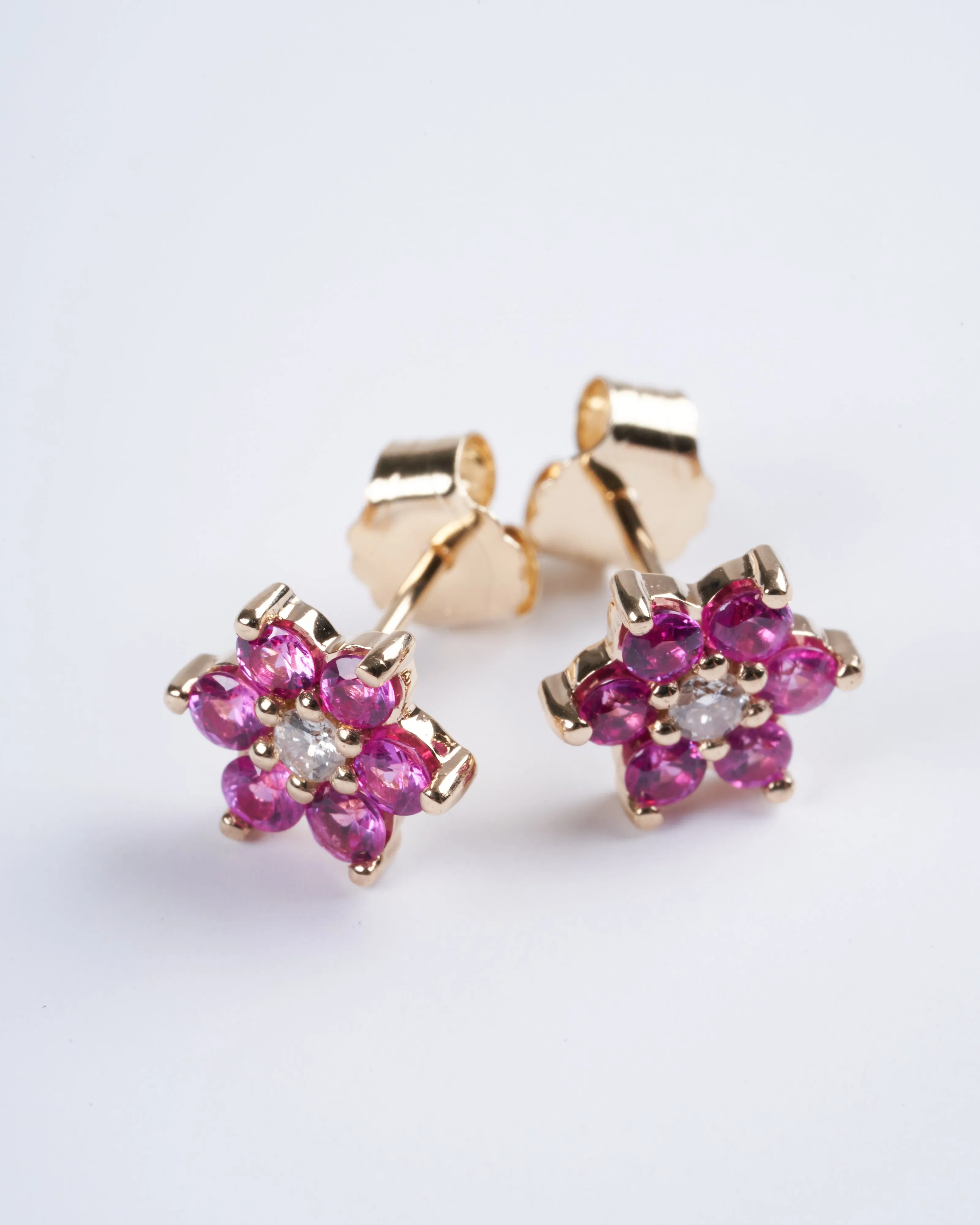 pink sapphire and diamond cluster stud earrings - gold