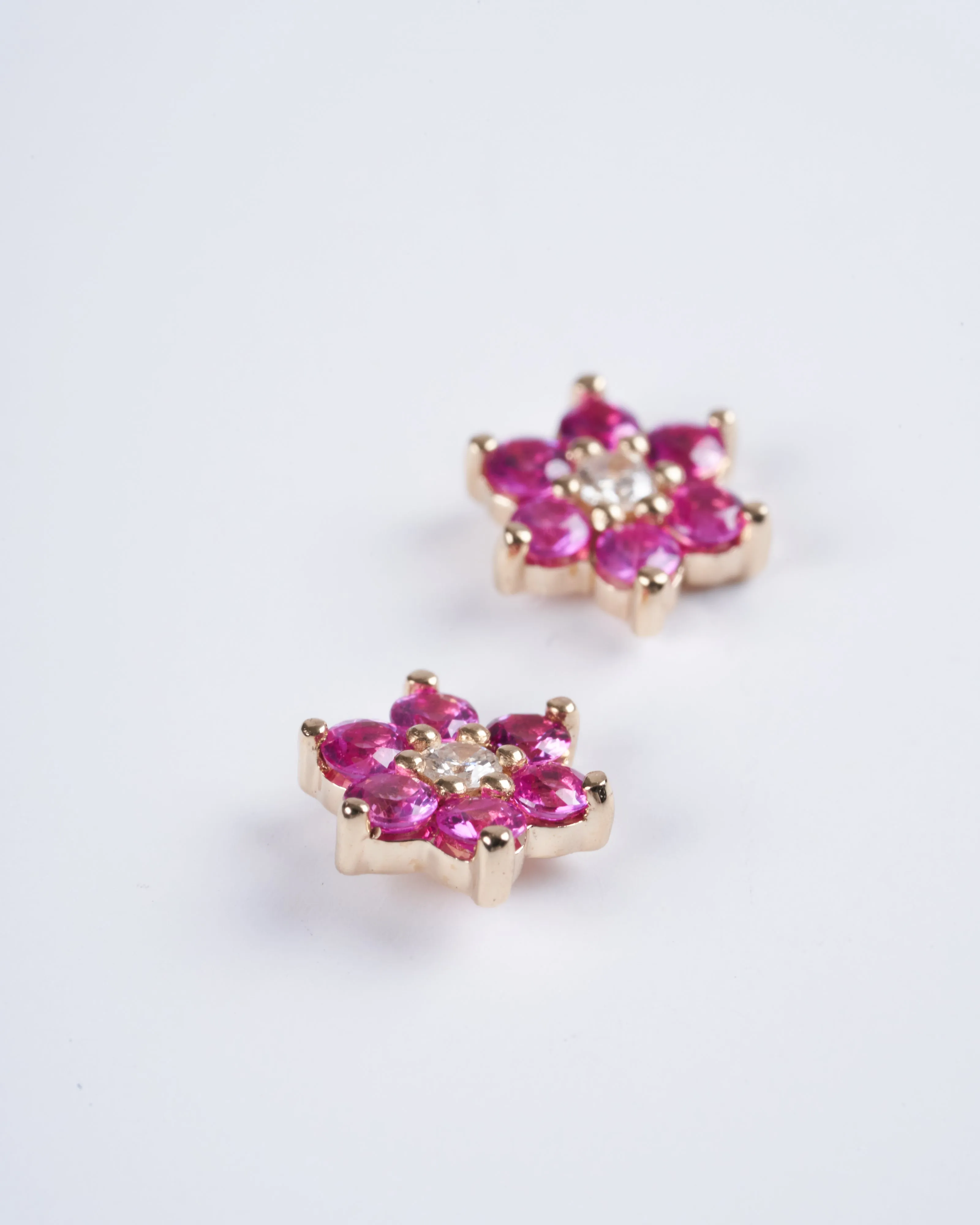 pink sapphire and diamond cluster stud earrings - gold