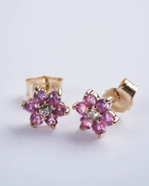 pink sapphire and diamond cluster stud earrings - gold