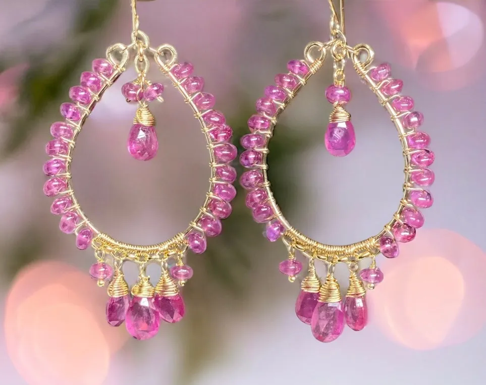Pink Sapphire Chandelier Hoop Earrings Gold Fill