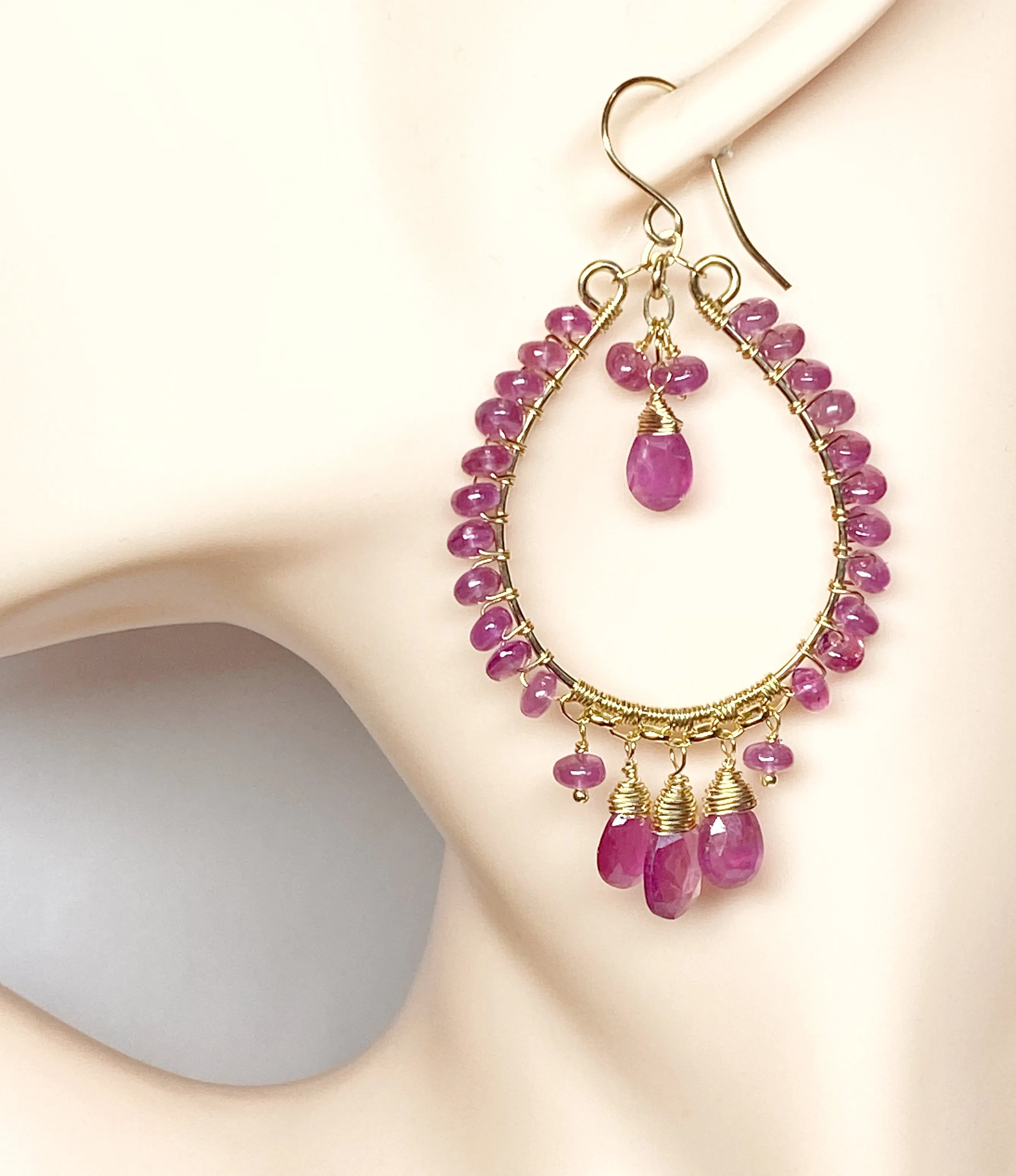 Pink Sapphire Chandelier Hoop Earrings Gold Fill