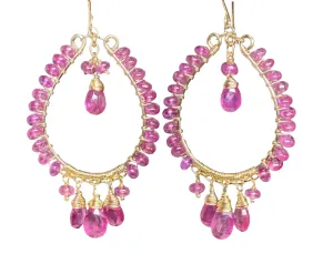 Pink Sapphire Chandelier Hoop Earrings Gold Fill