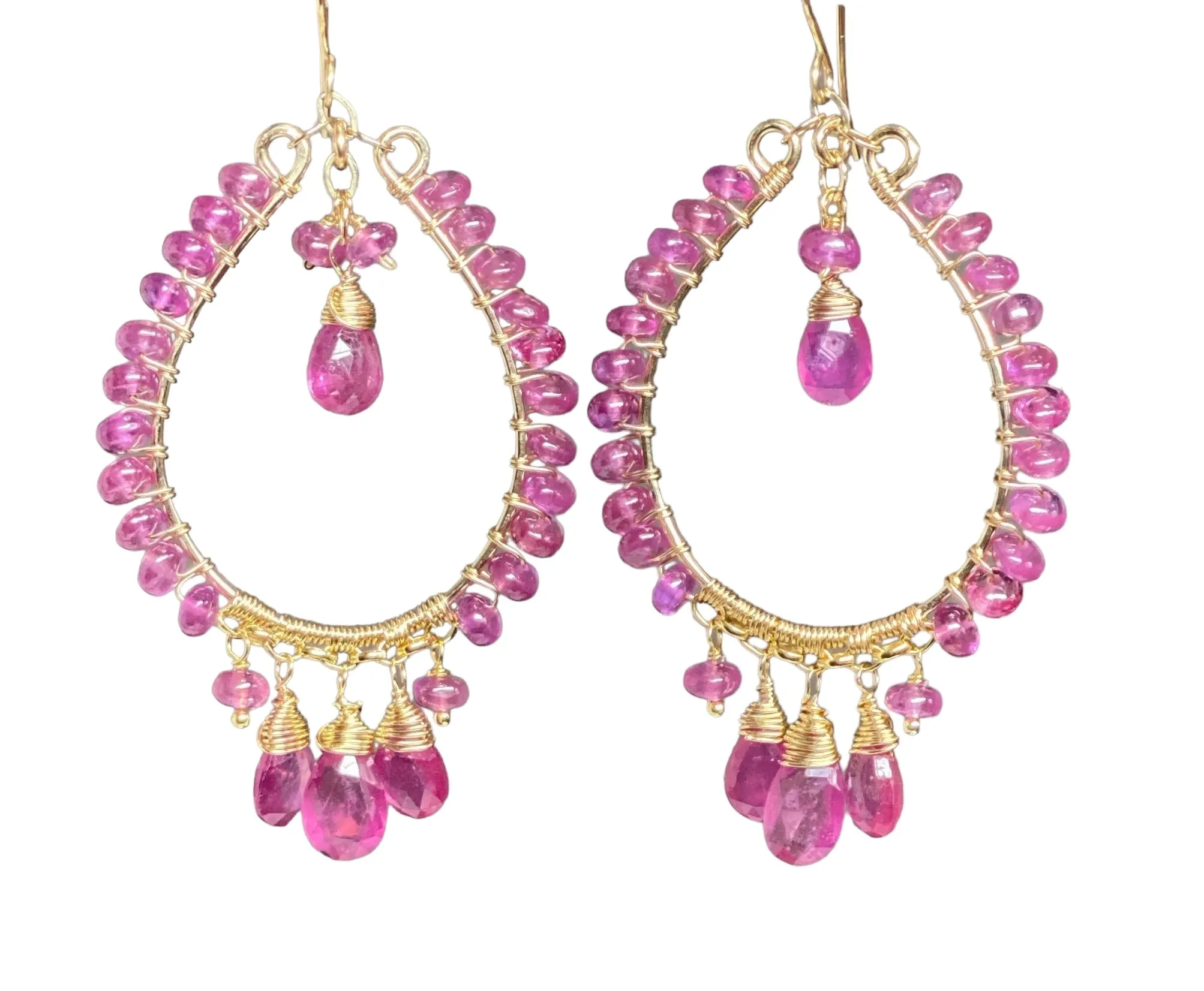 Pink Sapphire Chandelier Hoop Earrings Gold Fill
