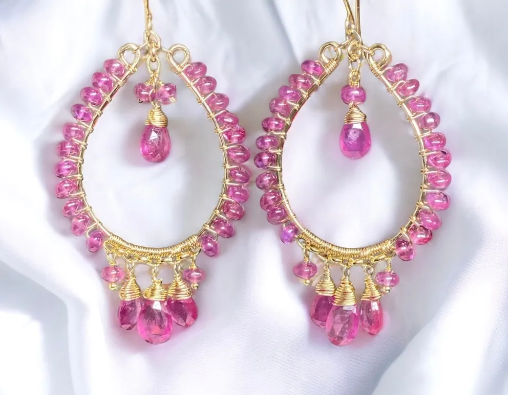 Pink Sapphire Chandelier Hoop Earrings Gold Fill