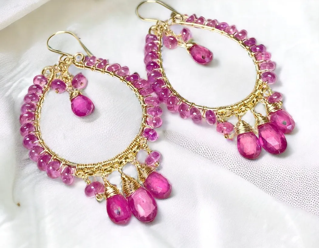 Pink Sapphire Chandelier Hoop Earrings Gold Fill