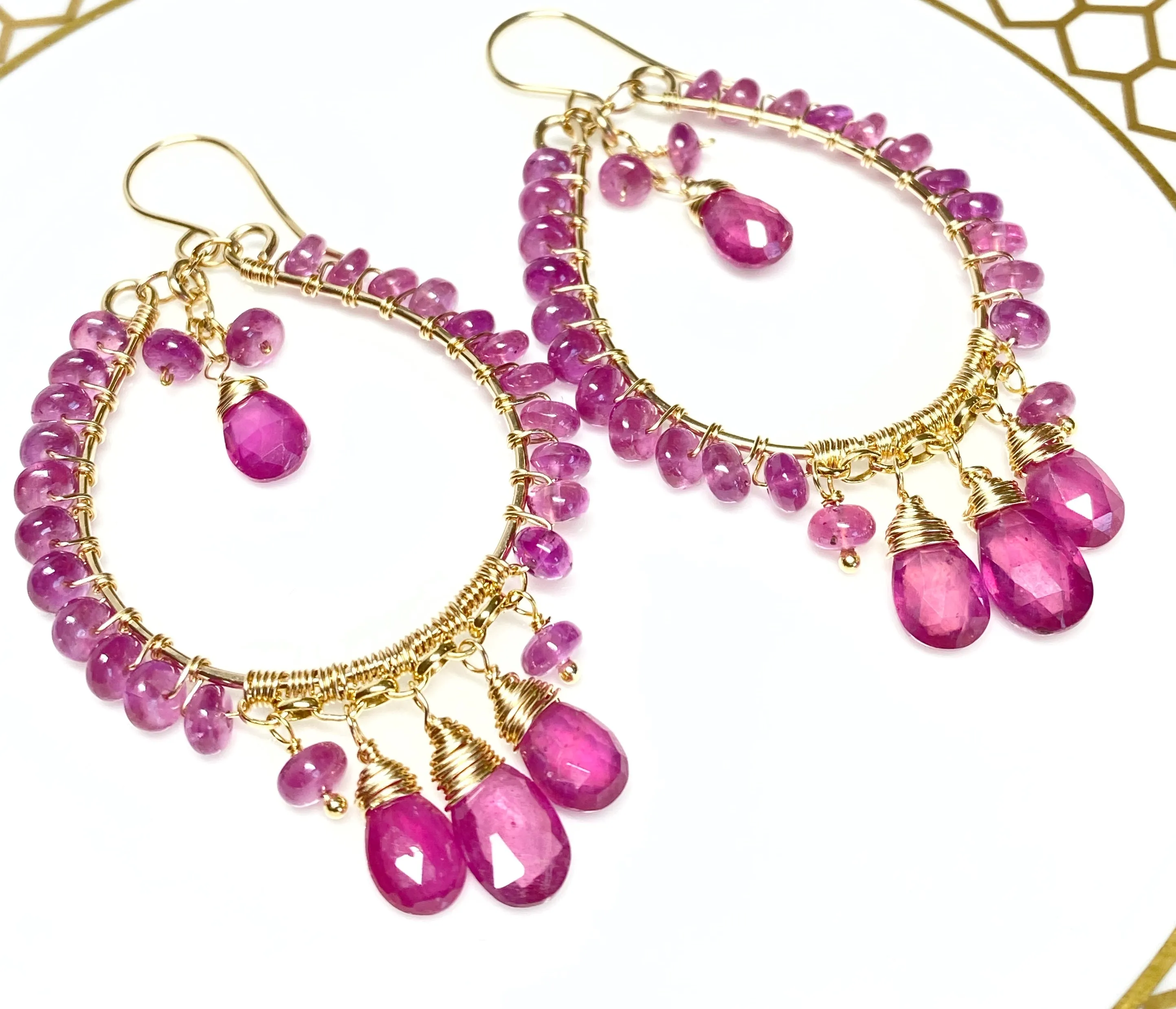 Pink Sapphire Chandelier Hoop Earrings Gold Fill