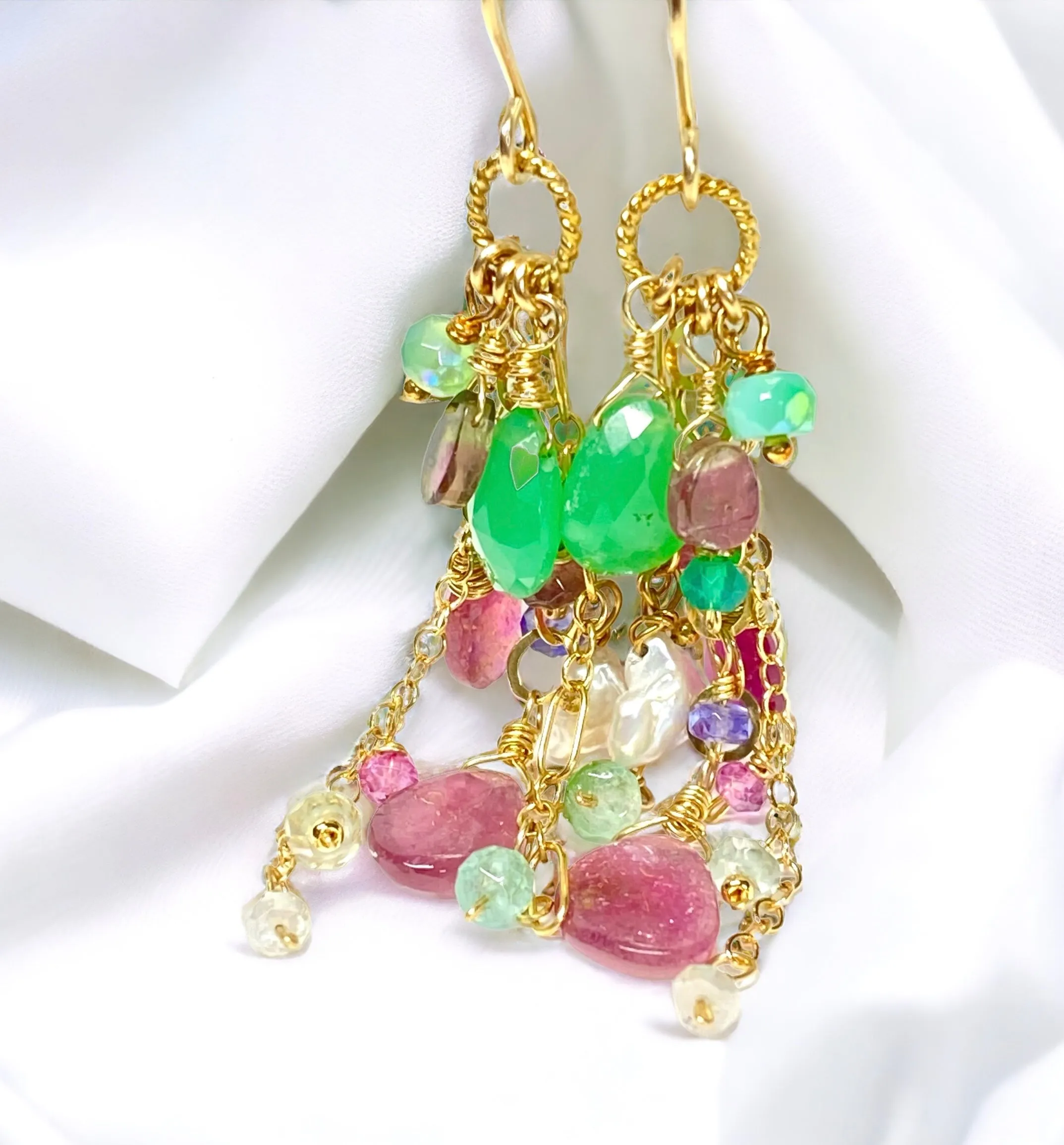 Pink Tourmaline Slice Green Chrysoprase Gemstone  Dangle Earrings Gold Fill