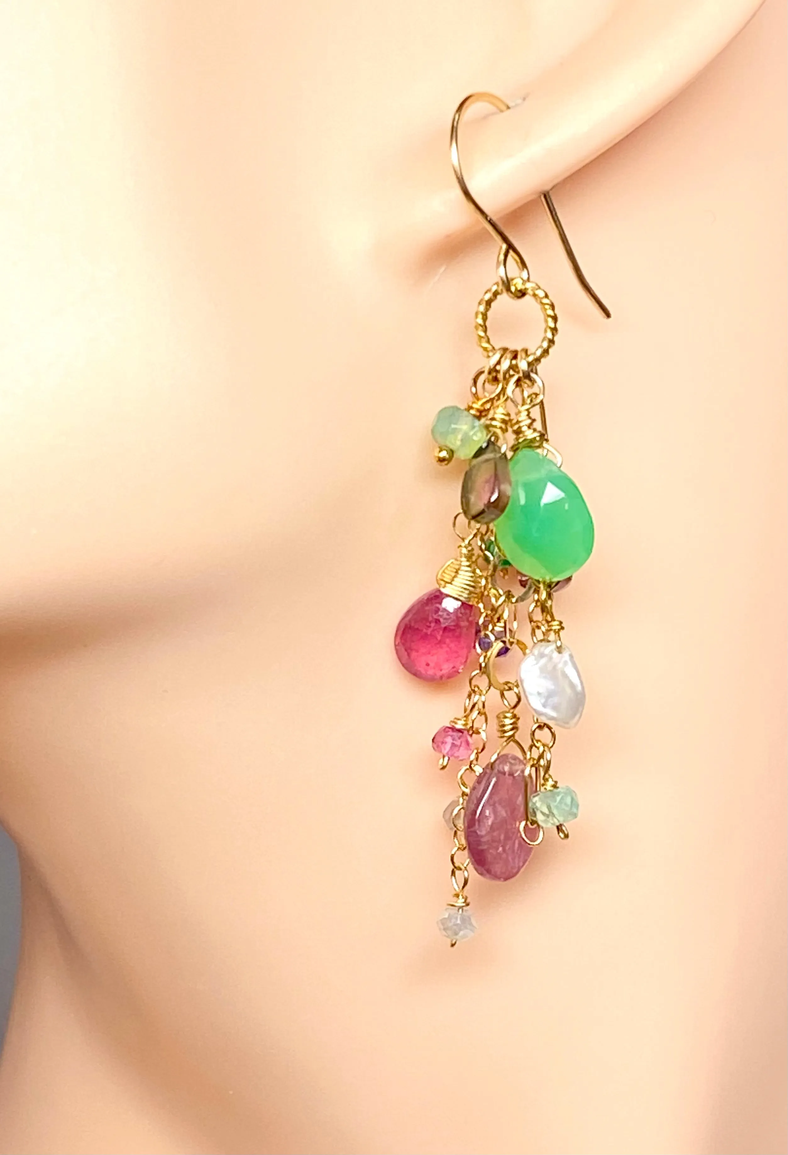 Pink Tourmaline Slice Green Chrysoprase Gemstone  Dangle Earrings Gold Fill