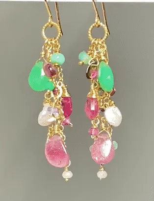 Pink Tourmaline Slice Green Chrysoprase Gemstone  Dangle Earrings Gold Fill