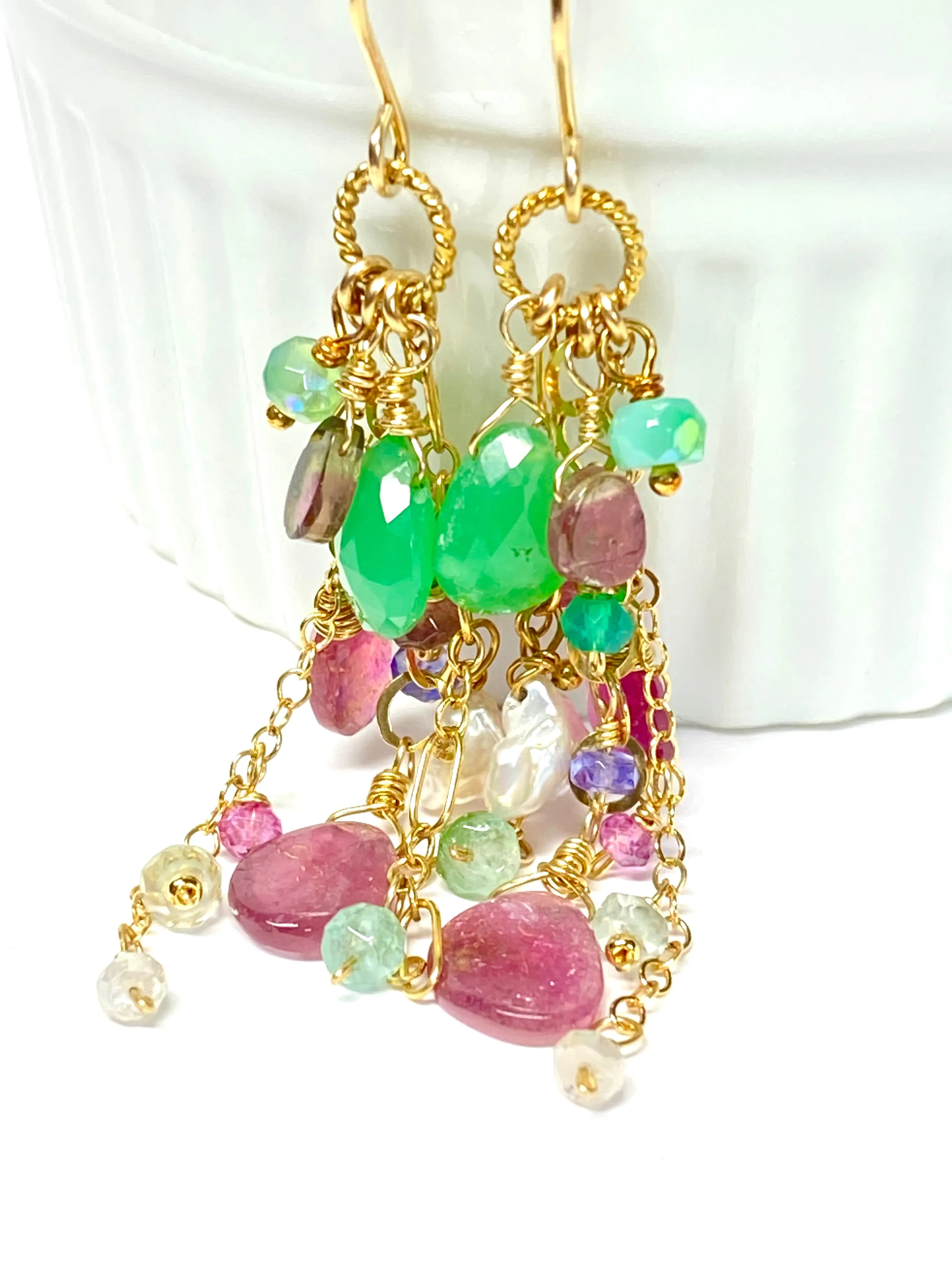 Pink Tourmaline Slice Green Chrysoprase Gemstone  Dangle Earrings Gold Fill