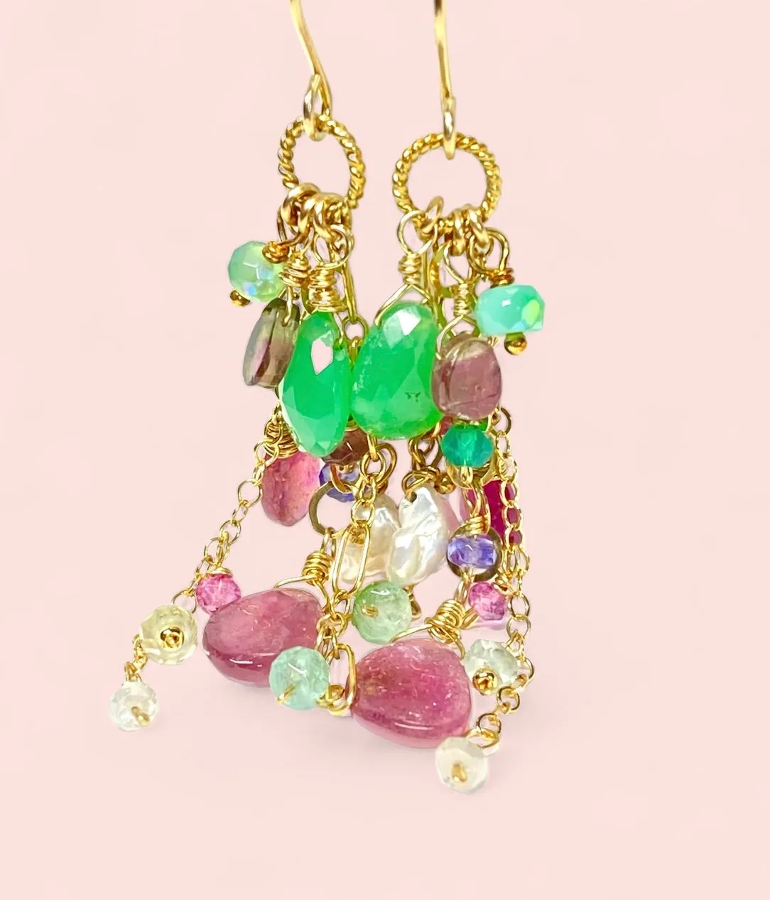 Pink Tourmaline Slice Green Chrysoprase Gemstone  Dangle Earrings Gold Fill