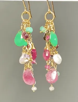 Pink Tourmaline Slice Green Chrysoprase Gemstone  Dangle Earrings Gold Fill