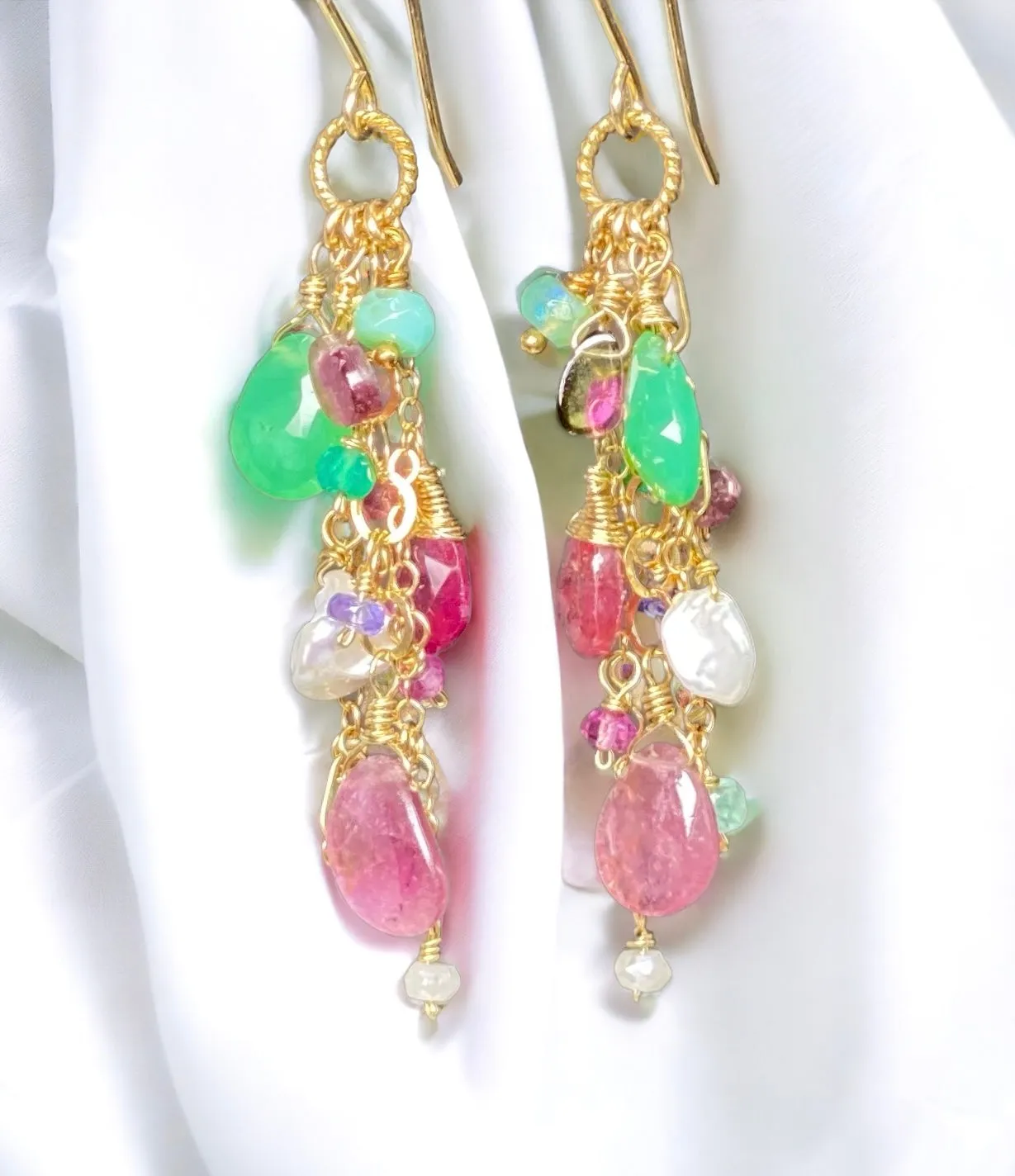 Pink Tourmaline Slice Green Chrysoprase Gemstone  Dangle Earrings Gold Fill