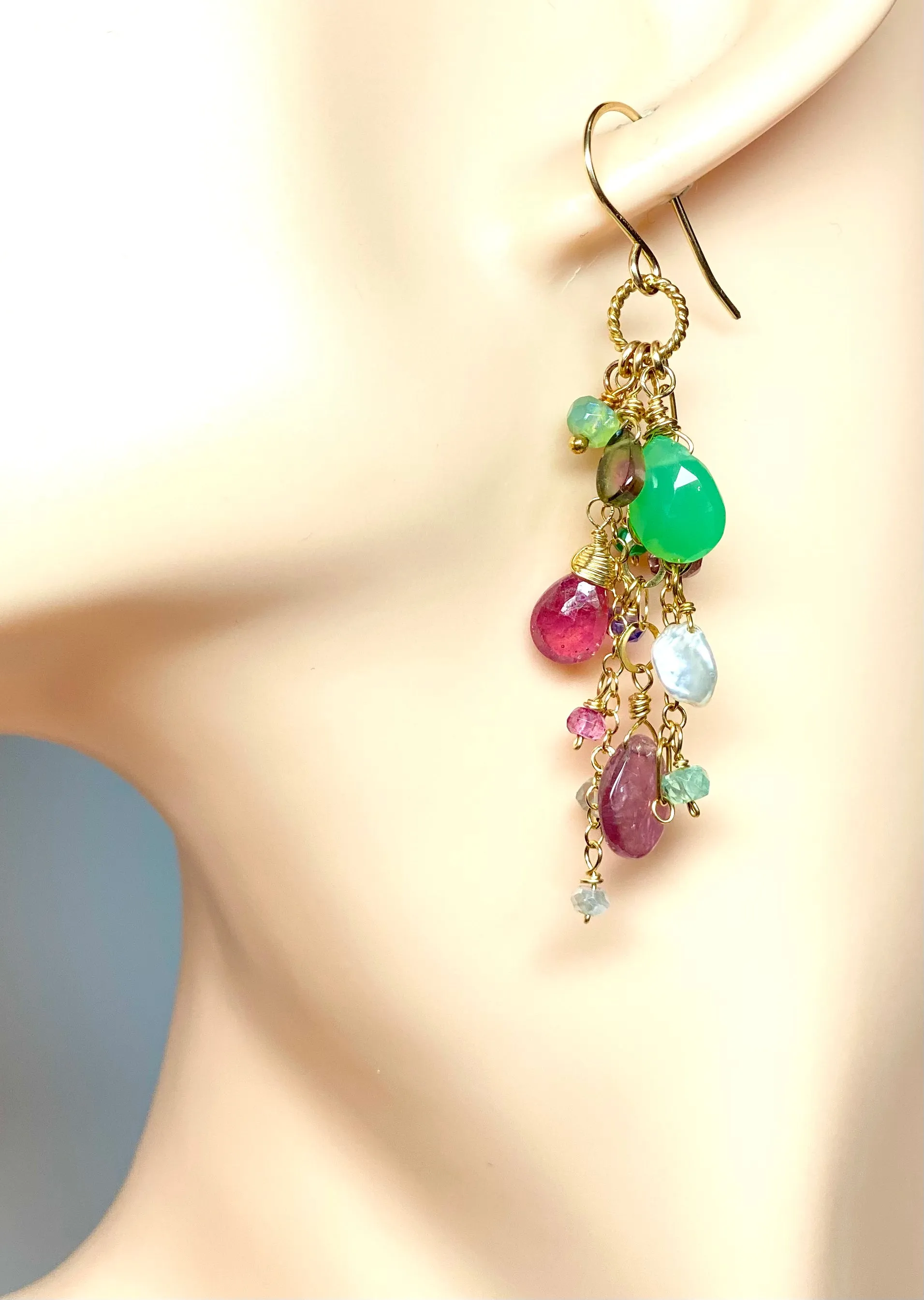Pink Tourmaline Slice Green Chrysoprase Gemstone  Dangle Earrings Gold Fill