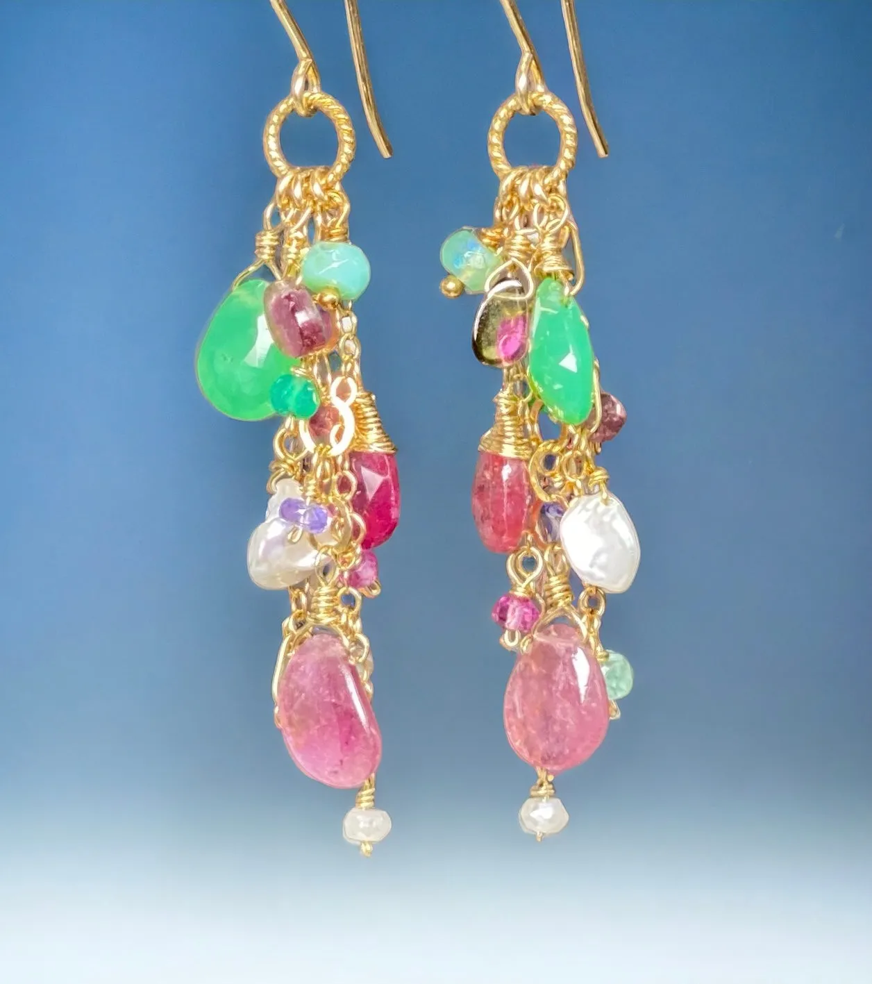 Pink Tourmaline Slice Green Chrysoprase Gemstone  Dangle Earrings Gold Fill
