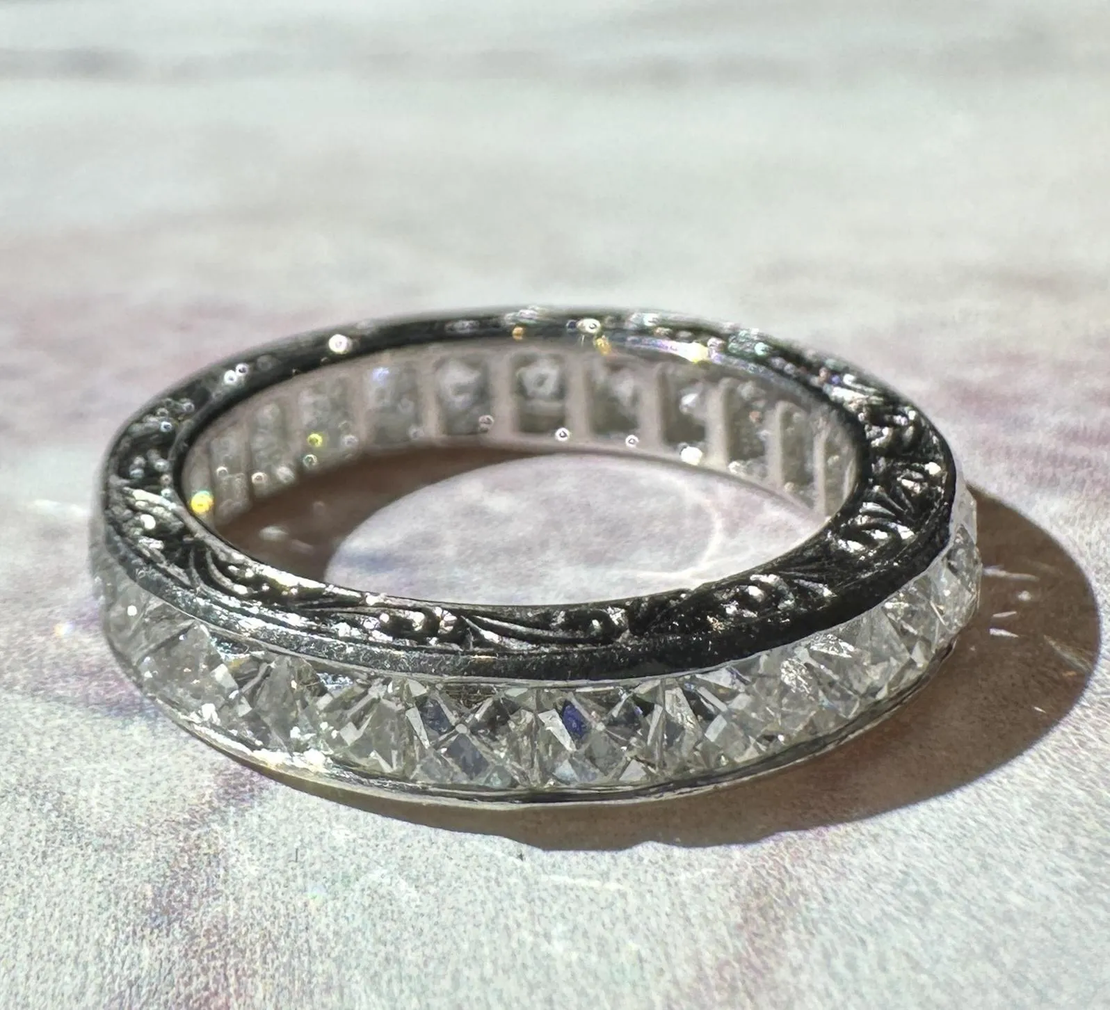 Platinum 3.33 Carat Repurposed Diamond Hand Engraved Eternity Band - Size 6