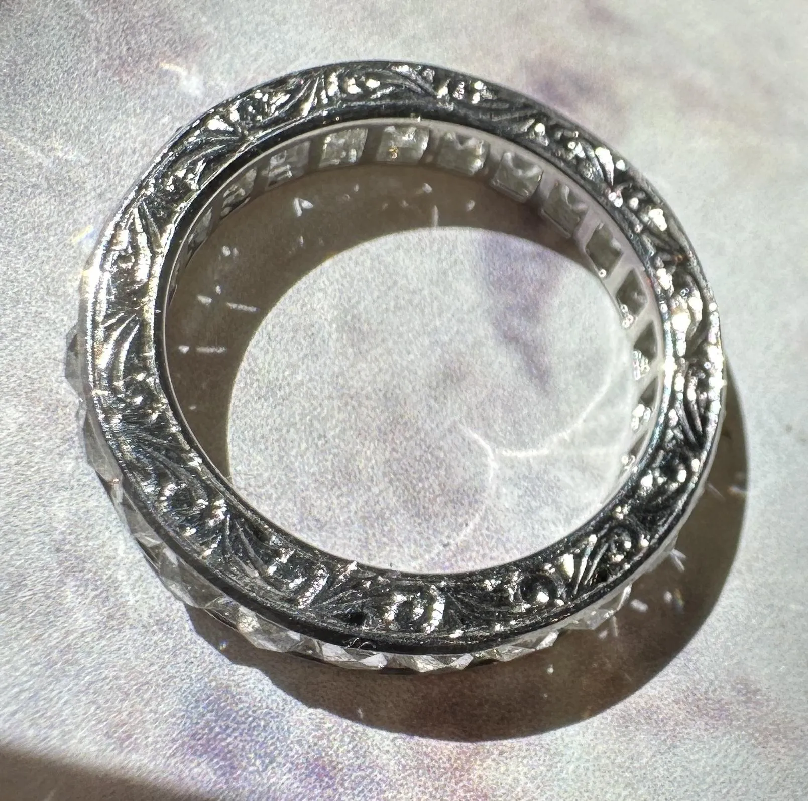 Platinum 3.33 Carat Repurposed Diamond Hand Engraved Eternity Band - Size 6