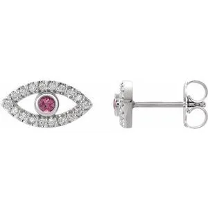 Platinum Natural Pink Tourmaline & Natural White Sapphire Evil Eye Earrings