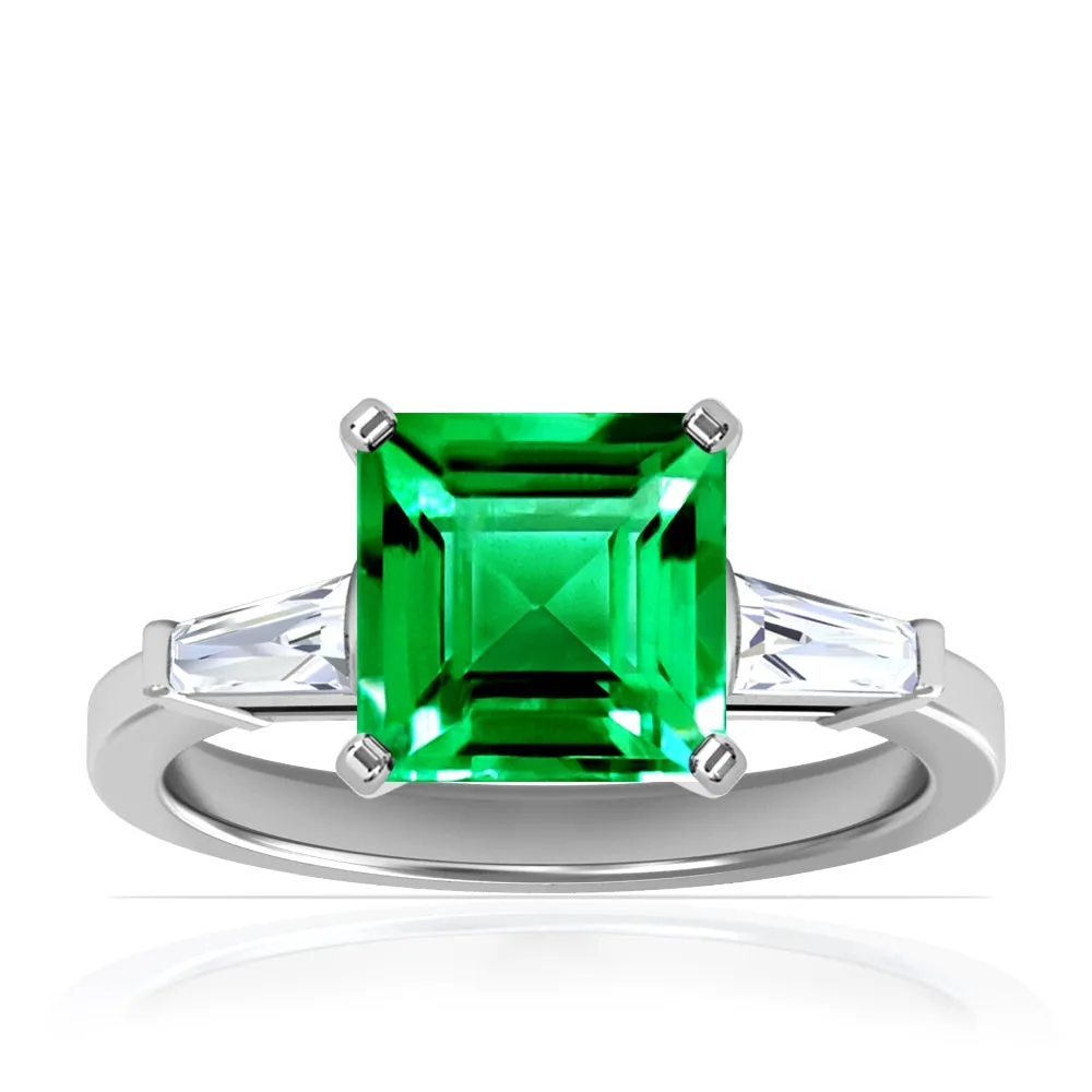 Platinum Princess Cut Emerald And Baguette Diamond Ring (1.90ctw)