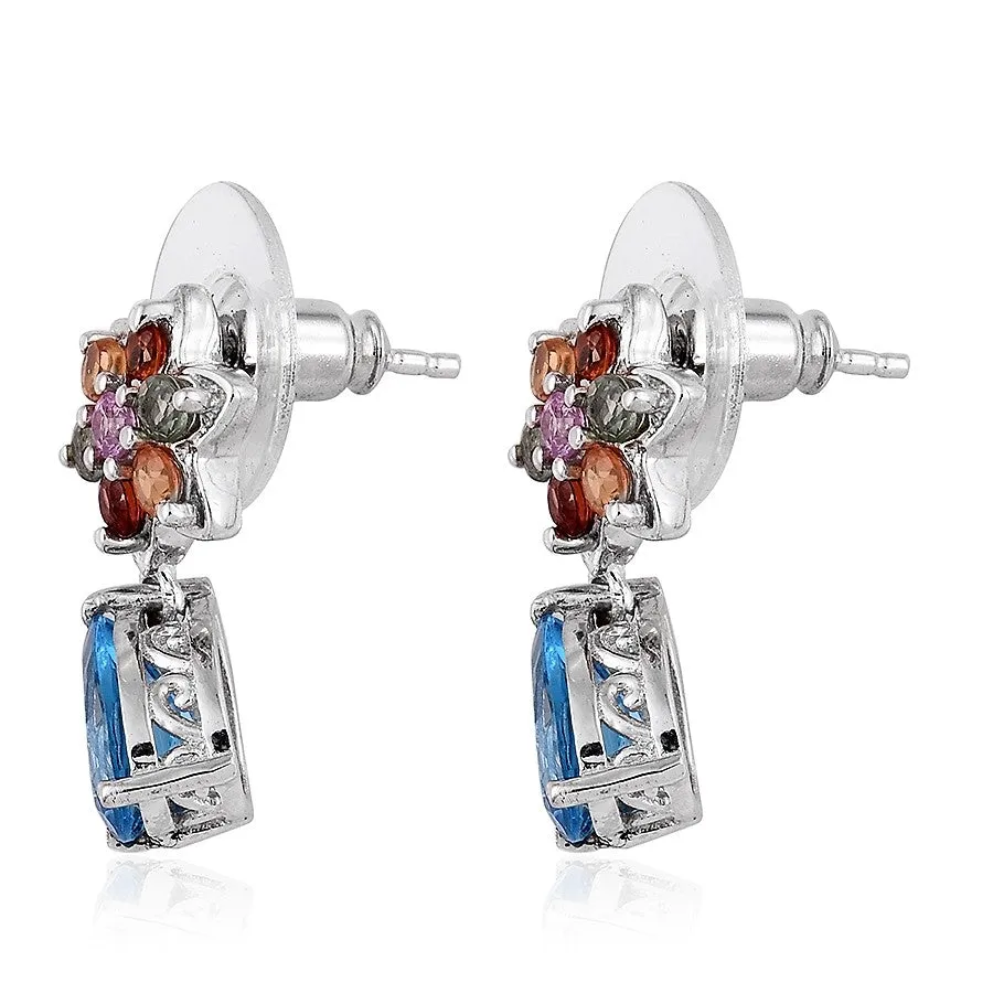 Platinum Sterling Silver Swiss Blue Topaz & Multi Sapphire Drop Post Earrings