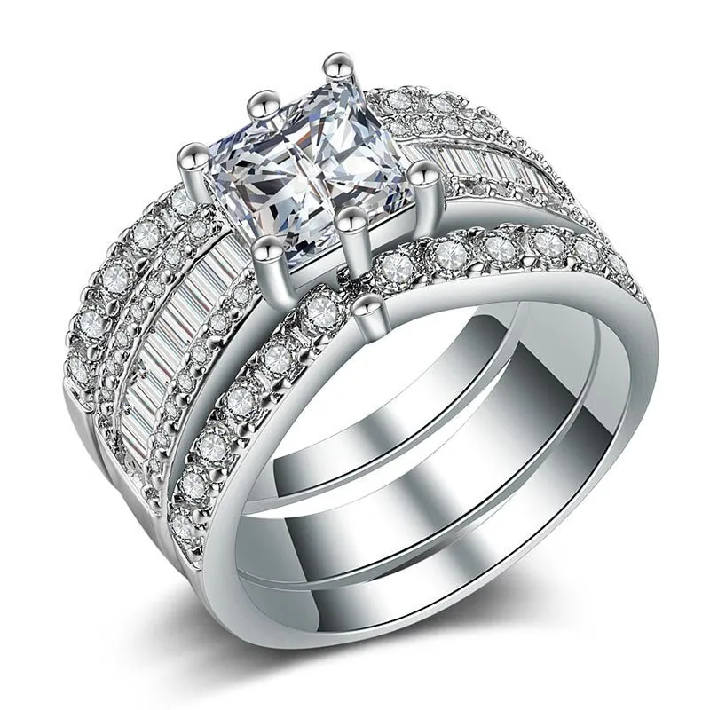 Princess Cut 3PC Engagement Ring Zircon Halo Jewelry for Women