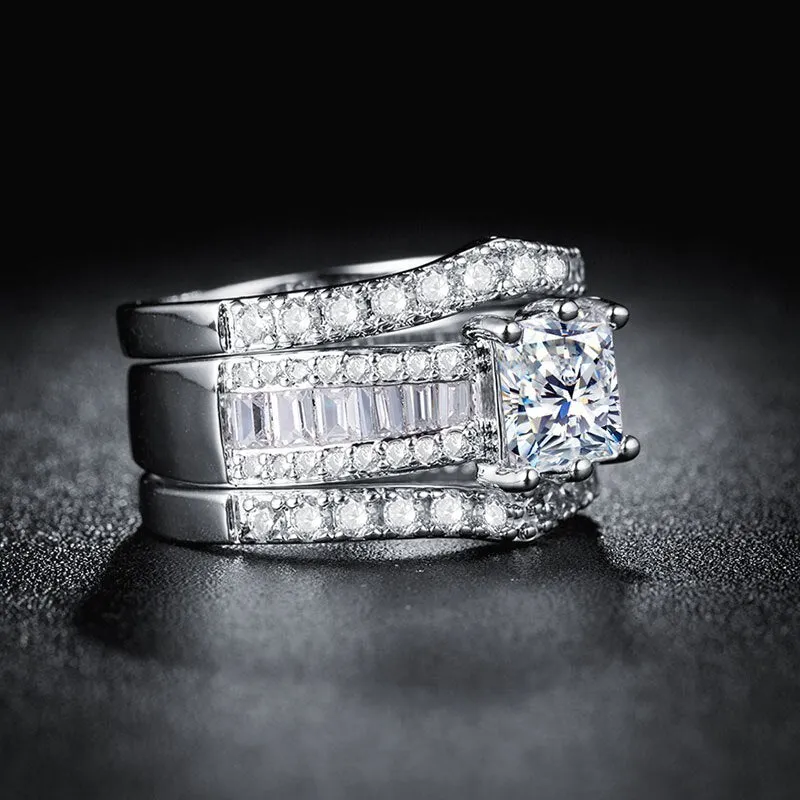 Princess Cut 3PC Engagement Ring Zircon Halo Jewelry for Women