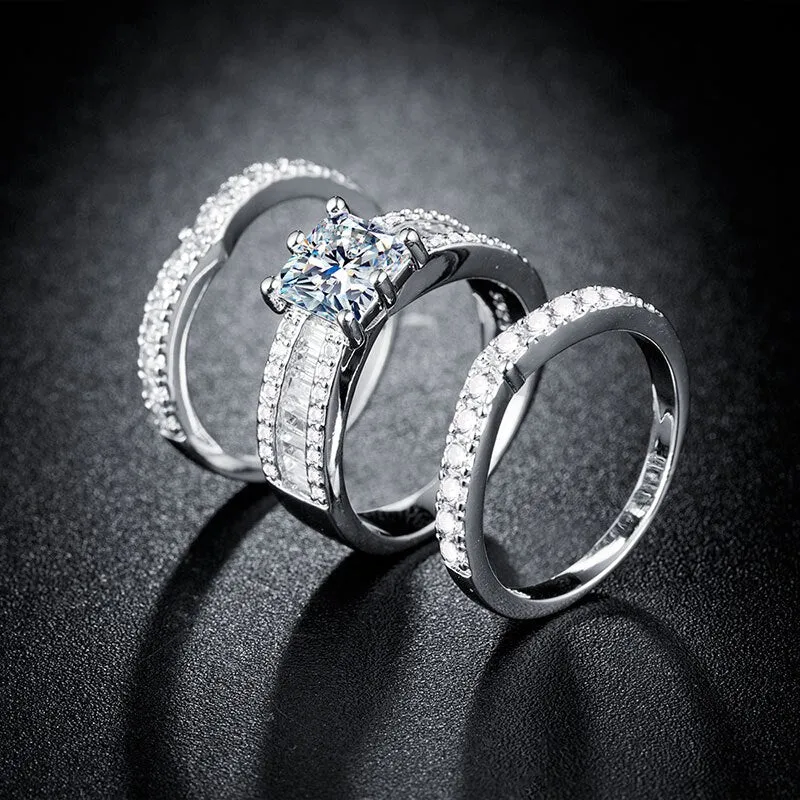 Princess Cut 3PC Engagement Ring Zircon Halo Jewelry for Women