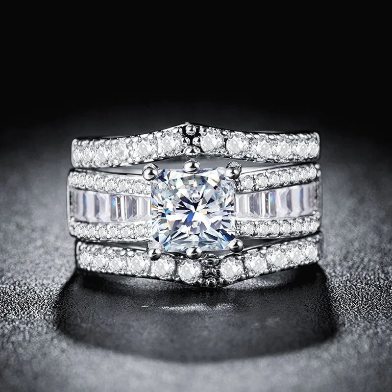 Princess Cut 3PC Engagement Ring Zircon Halo Jewelry for Women