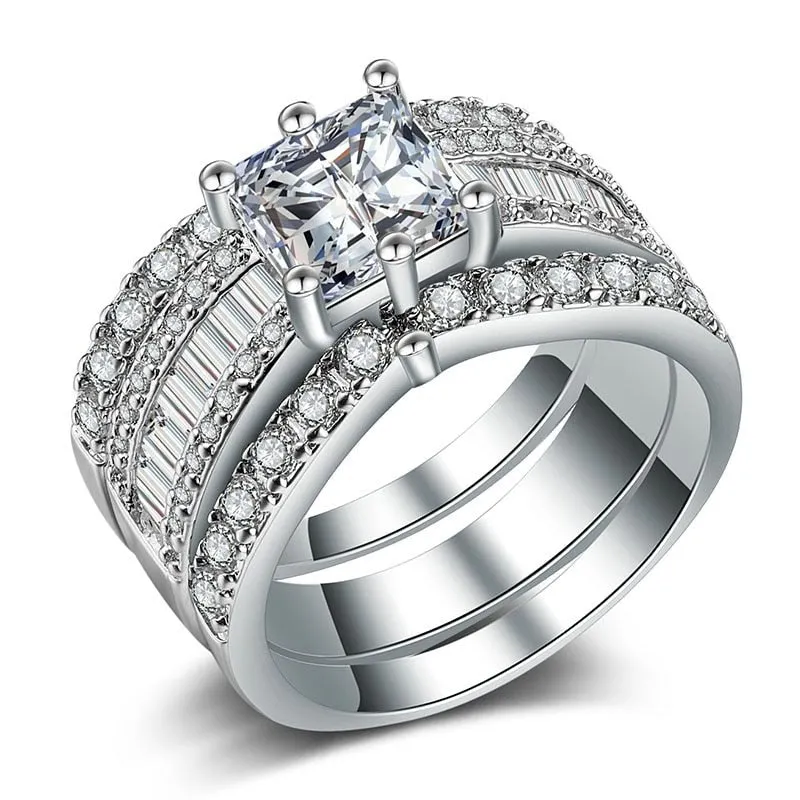 Princess Cut 3PC Engagement Ring Zircon Halo Jewelry for Women