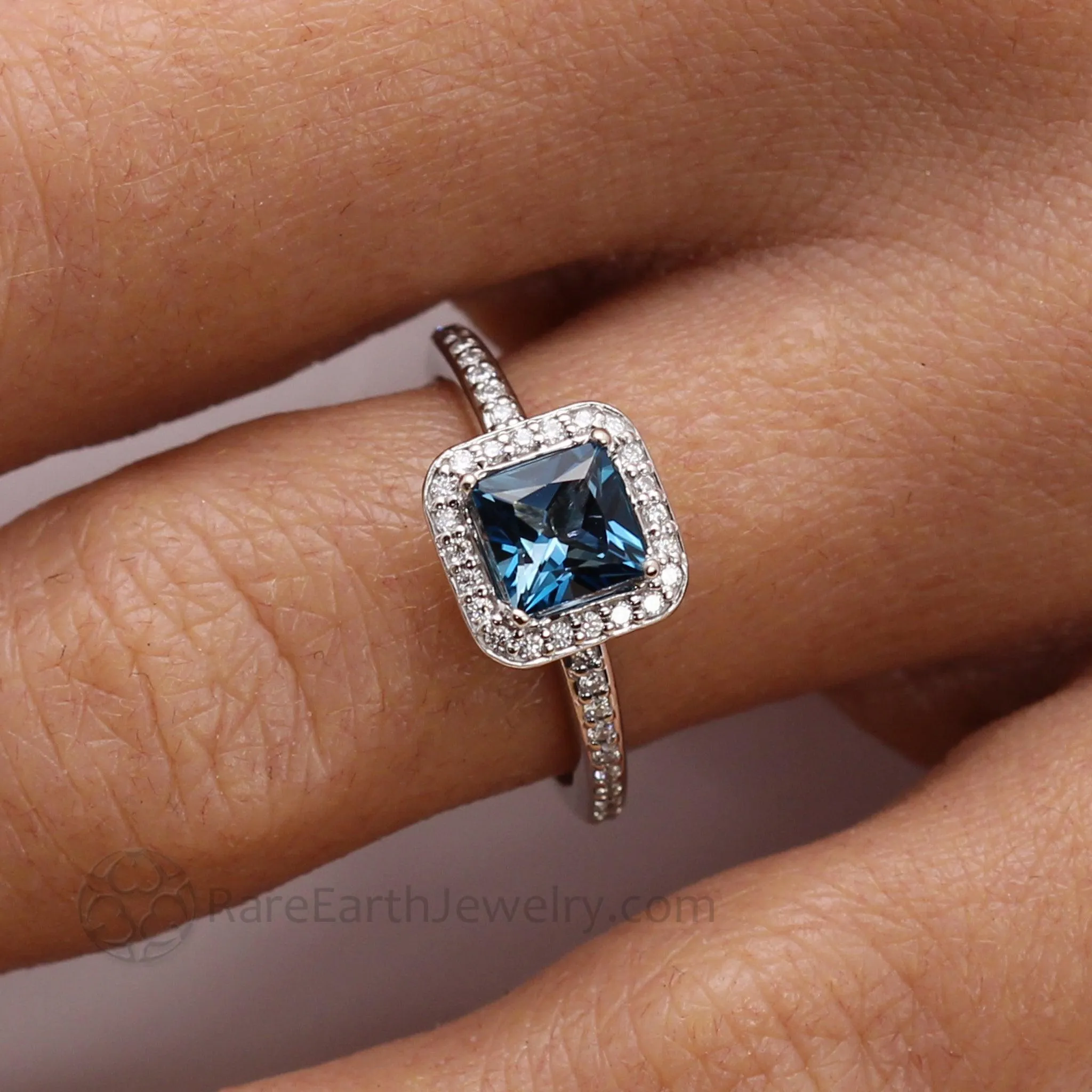 Princess Cut London Blue Topaz Ring | Square Diamond Halo Engagement Ring
