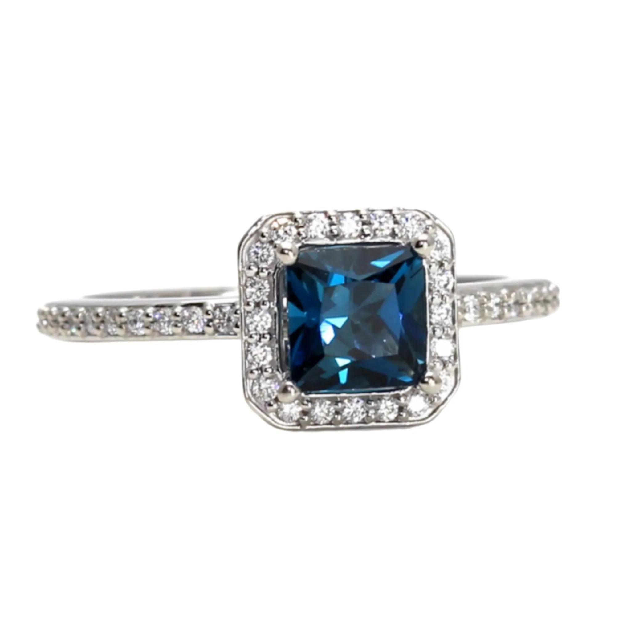 Princess Cut London Blue Topaz Ring | Square Diamond Halo Engagement Ring