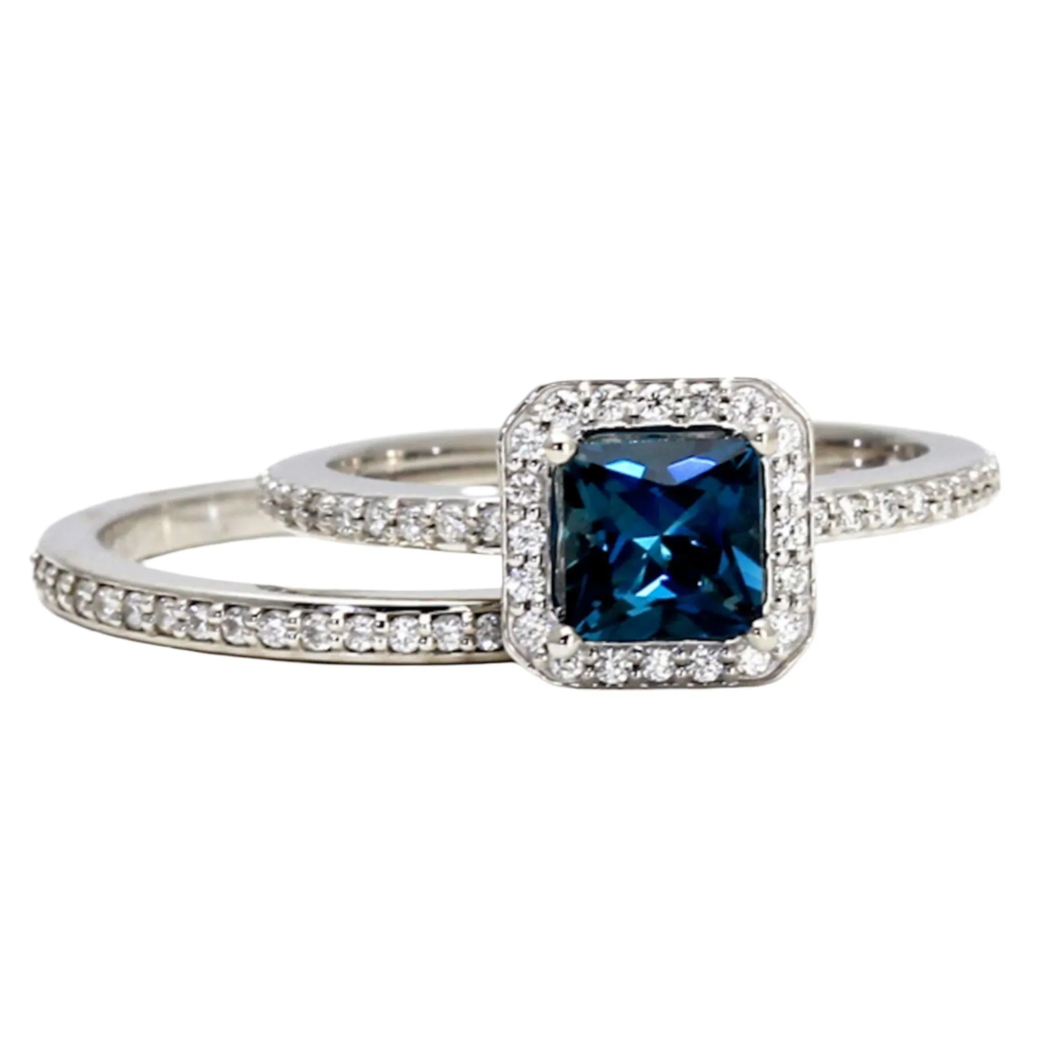 Princess Cut London Blue Topaz Ring | Square Diamond Halo Engagement Ring