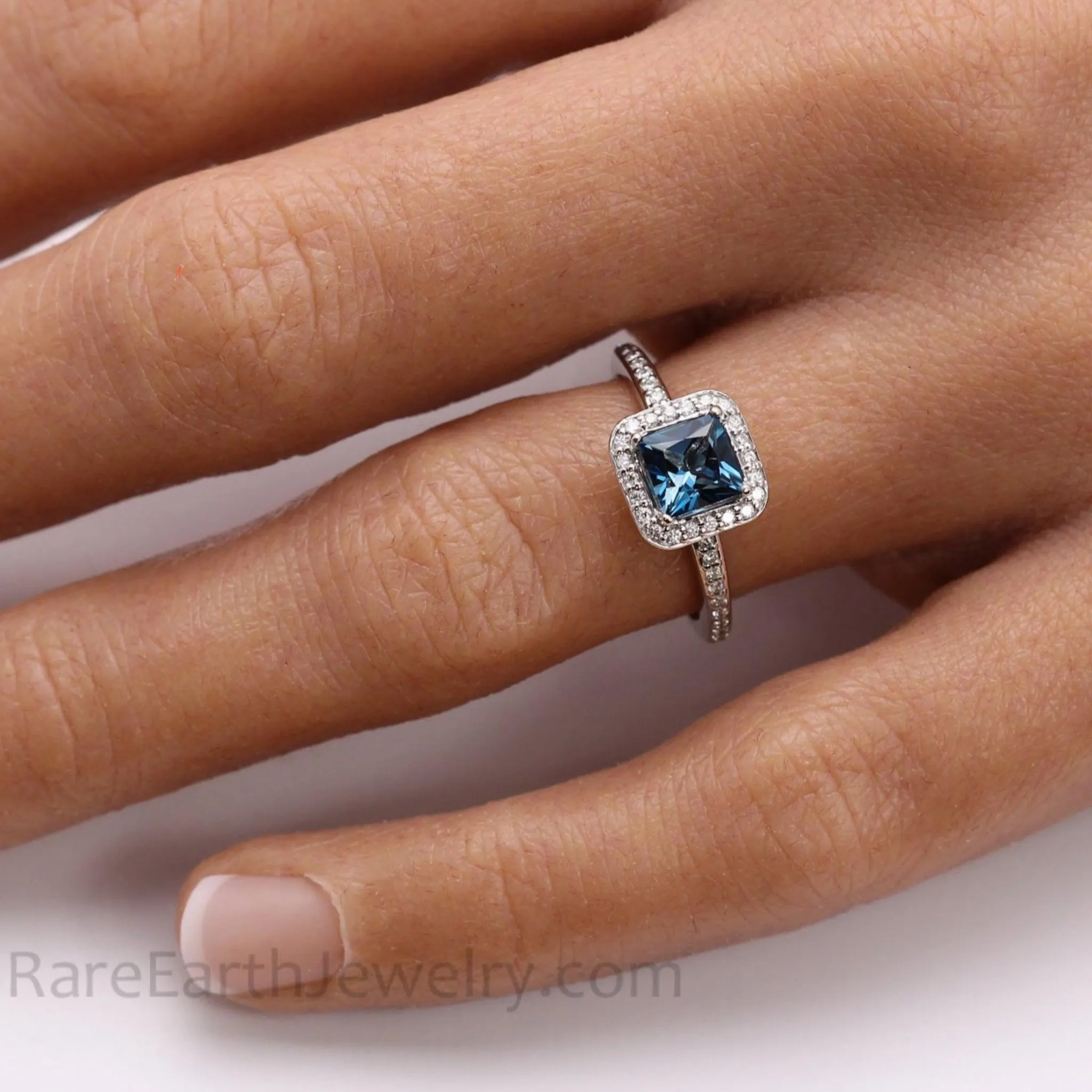 Princess Cut London Blue Topaz Ring | Square Diamond Halo Engagement Ring