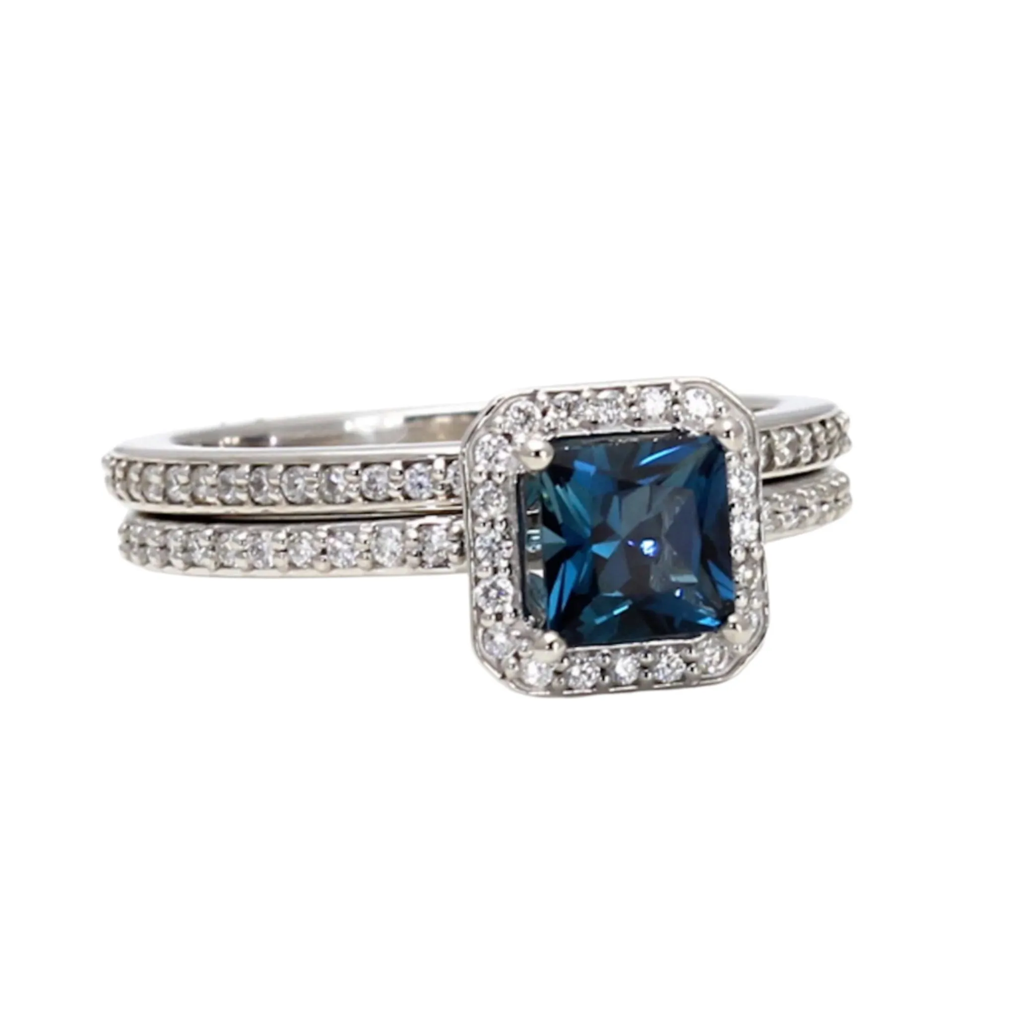 Princess Cut London Blue Topaz Ring | Square Diamond Halo Engagement Ring