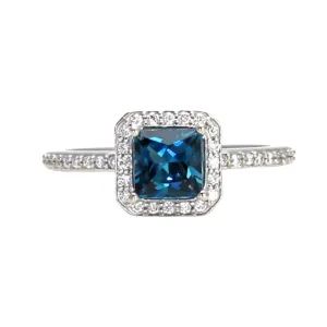 Princess Cut London Blue Topaz Ring | Square Diamond Halo Engagement Ring