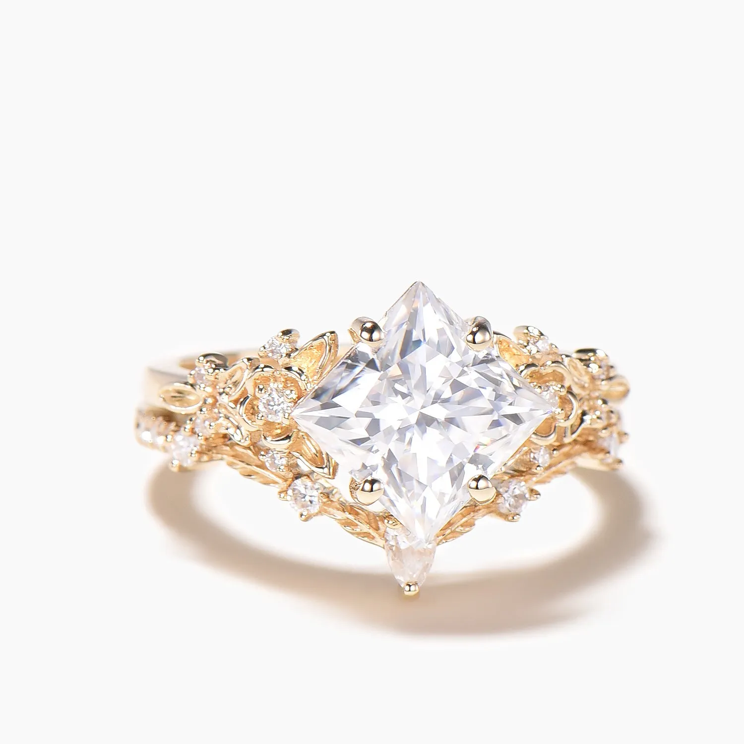 Princess Cut Moissanite Flower Engagement Ring Leaf Nature Inspired Bridal Set