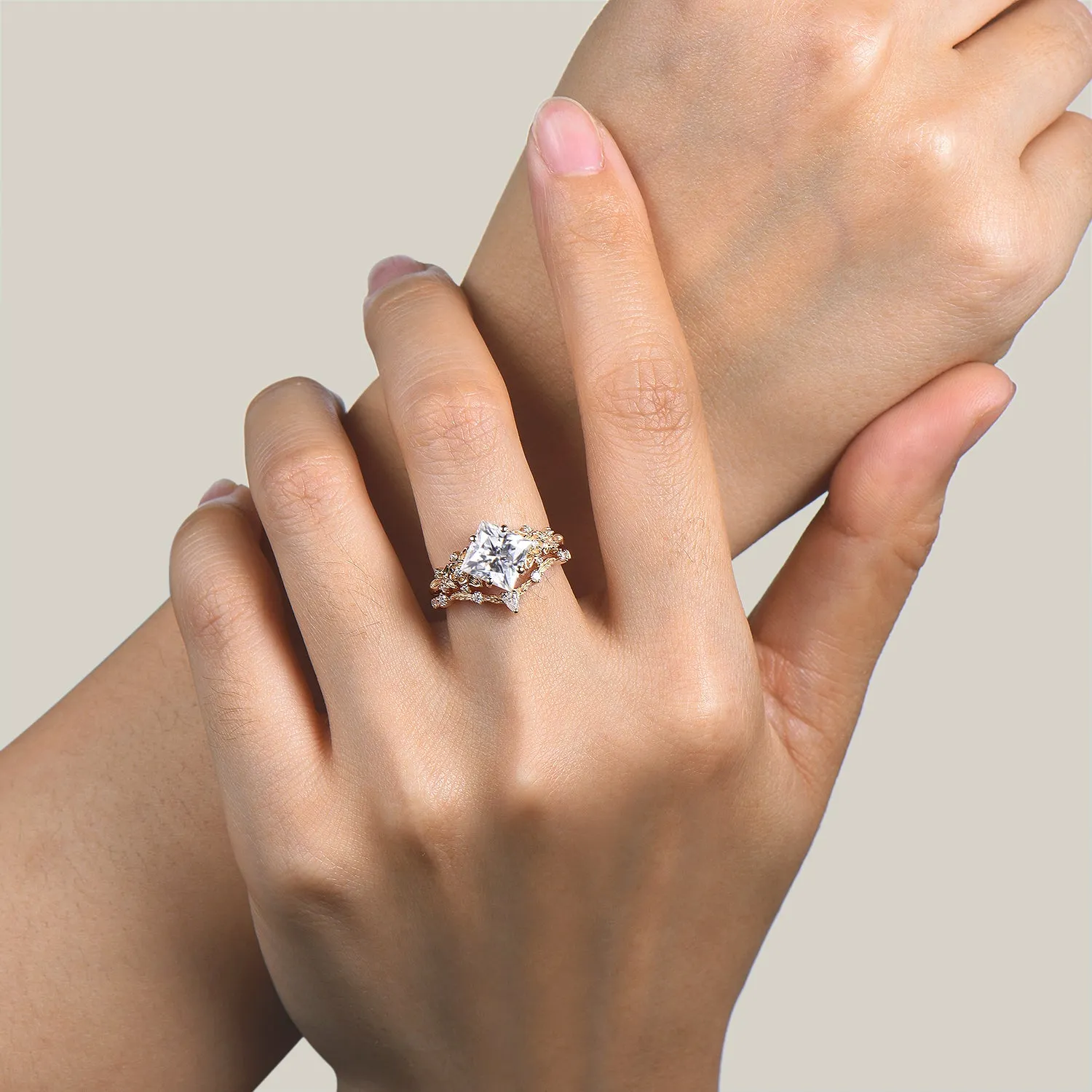 Princess Cut Moissanite Flower Engagement Ring Leaf Nature Inspired Bridal Set