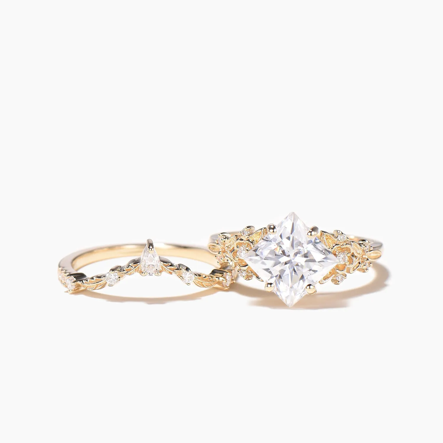 Princess Cut Moissanite Flower Engagement Ring Leaf Nature Inspired Bridal Set