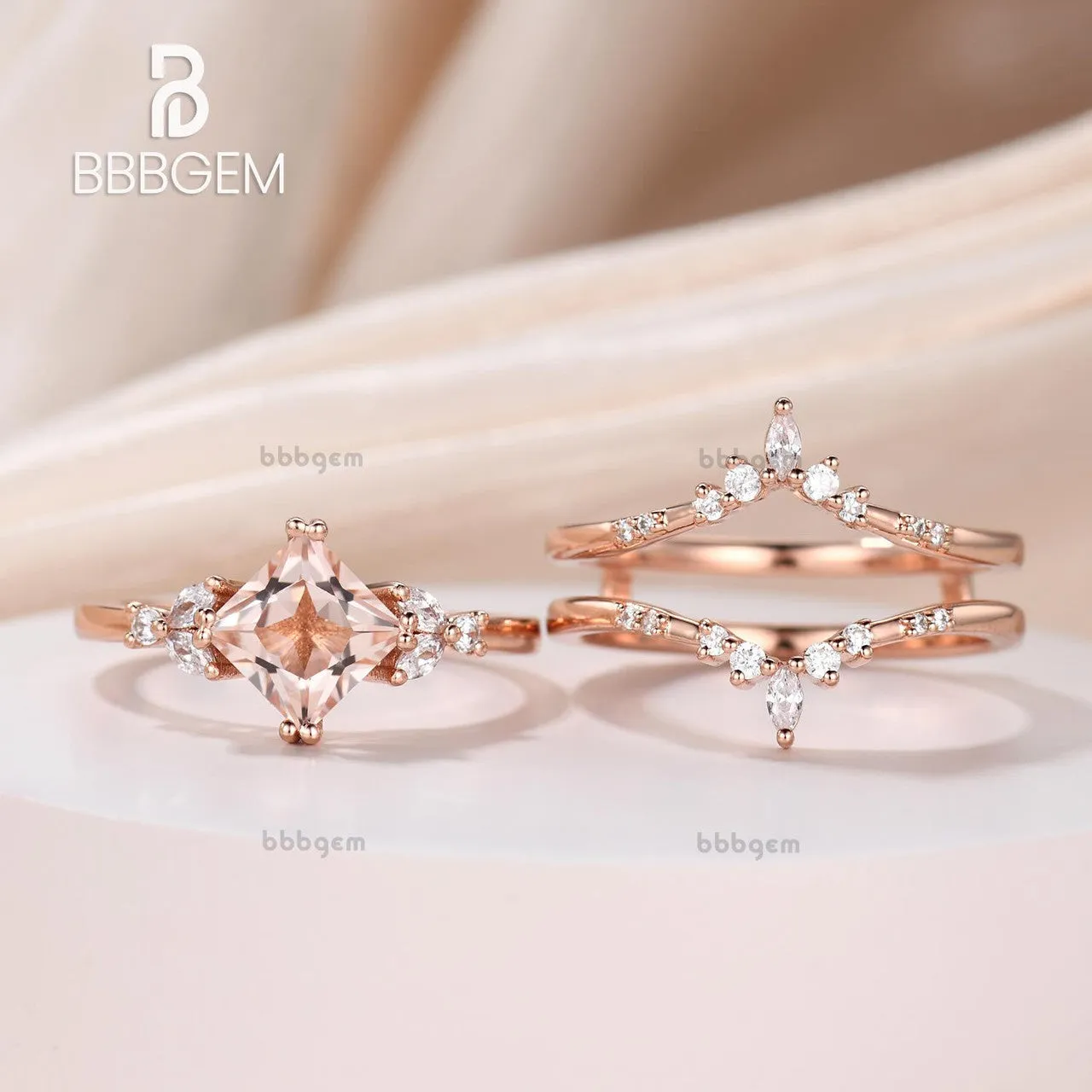 Princess Cut Morganite Enhancer Ring Set Peach Morganite Bridal Set W/ Diamond Double Curved Enhancer Band