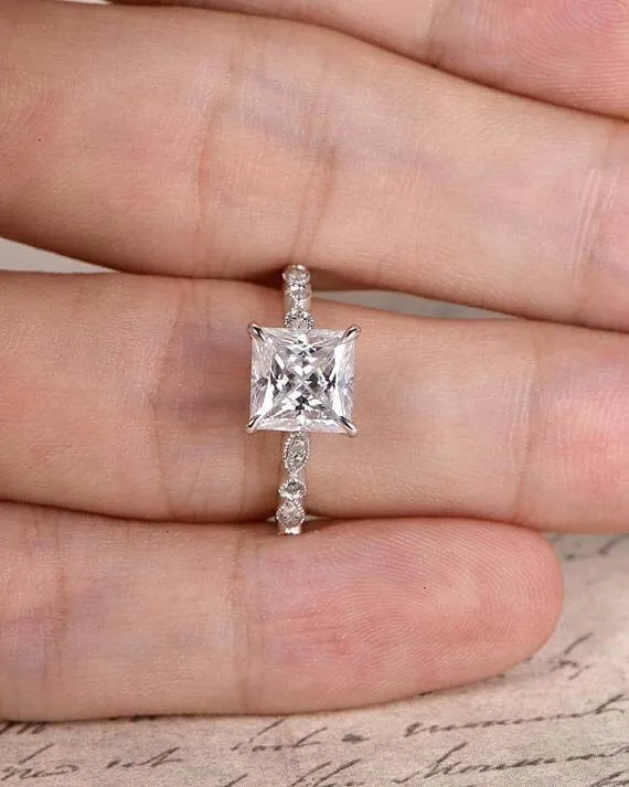 Prinncess Cut 1.25 Carat Moissanite Diamond Art Deco Engagement Ring in 10k White Gold