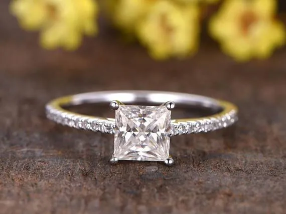 Prinncess Cut 1.25 Carat Moissanite Diamond Art Deco Engagement Ring in 10k White Gold
