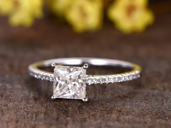 Prinncess Cut 1.25 Carat Moissanite Diamond Art Deco Engagement Ring in 10k White Gold