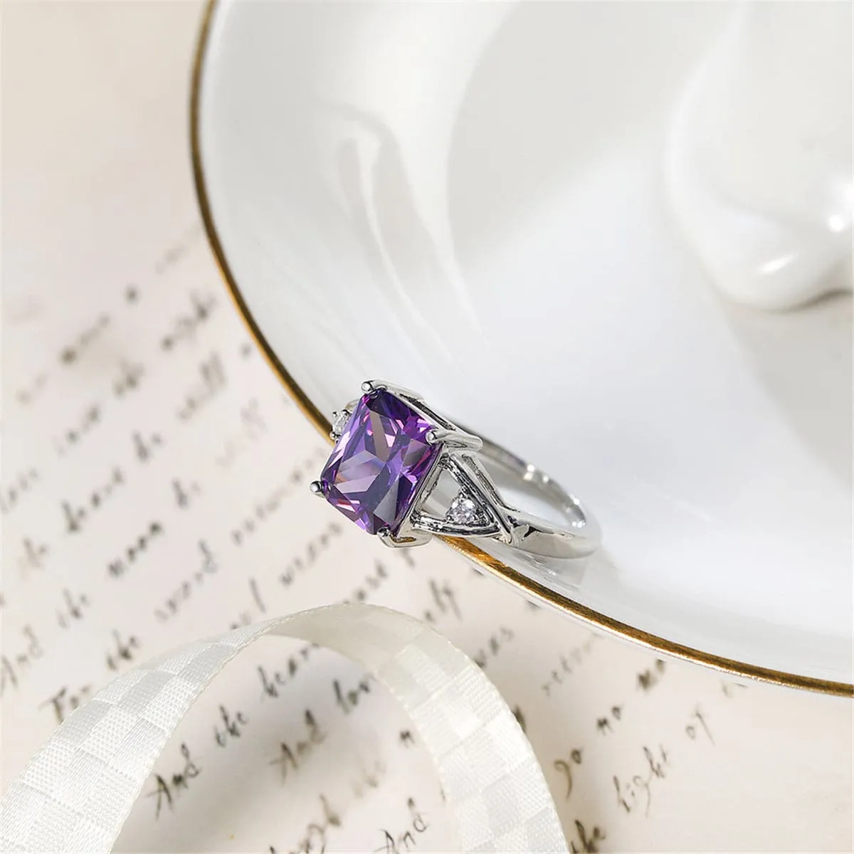 Purple Crystal & Cubic Zirconia Princess-Cut Ring